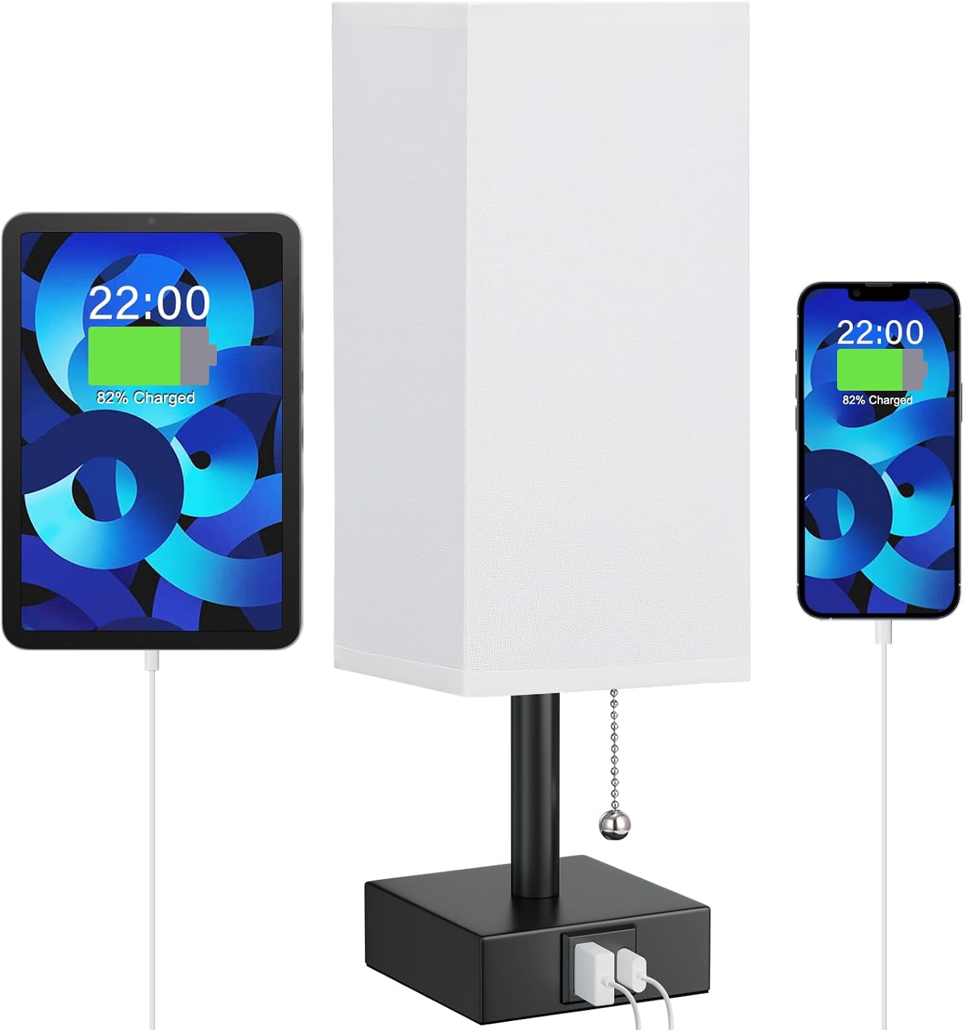 White Bedside Lamp with USB Ports Bedroom lamp with Pull Chain for