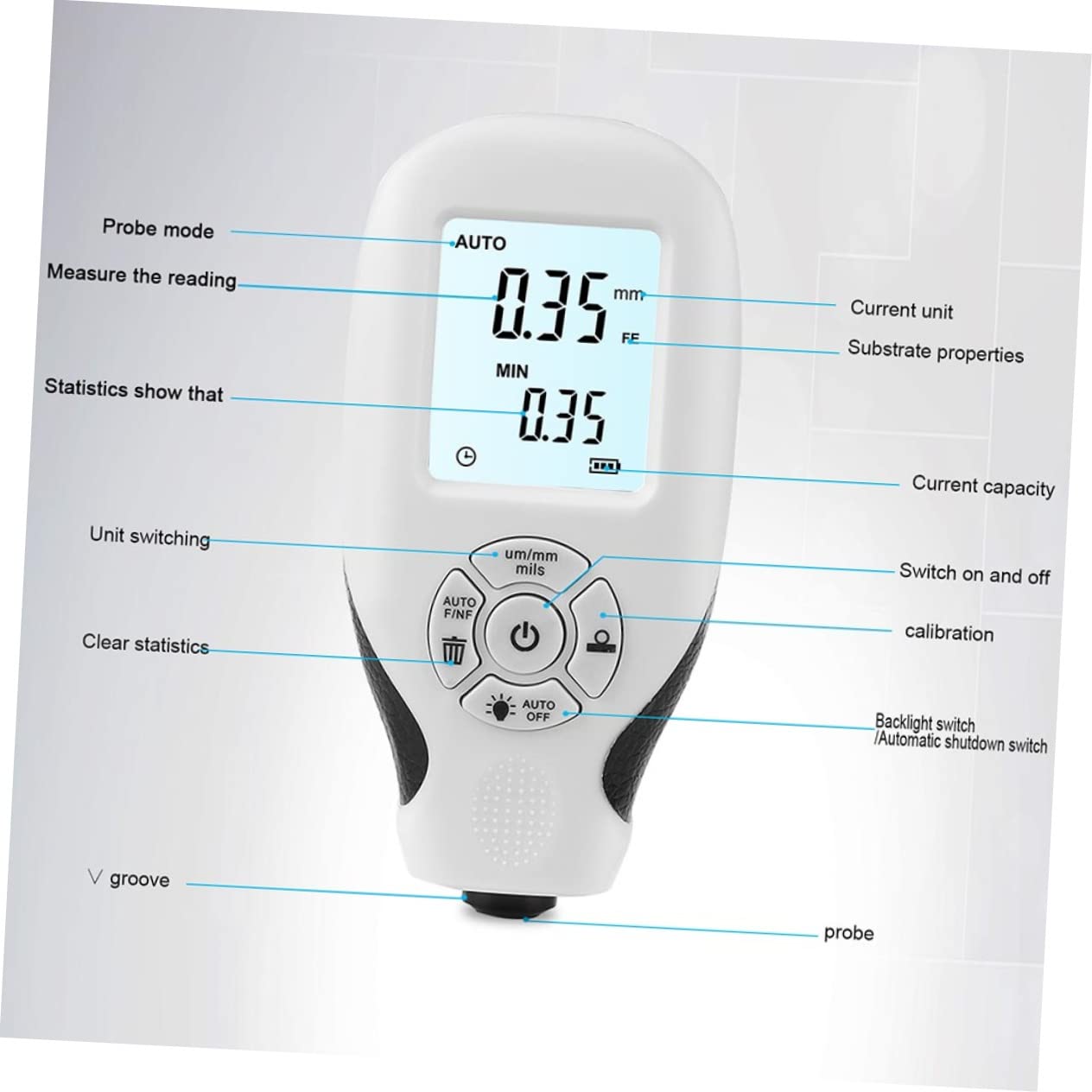 MUCKLILY Abs Thickness Gauge White Auto Paint Digital Meter Portable Micrometer Thickness Paint Thickness Gauge