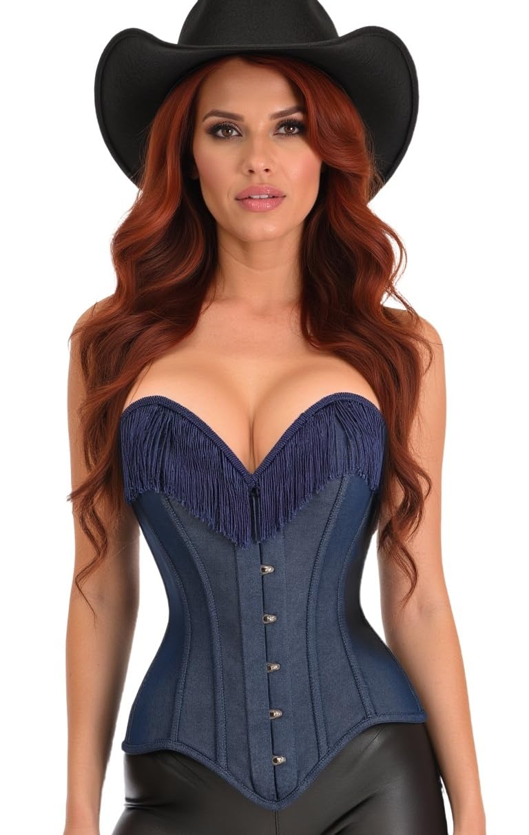 Daisy corsets womens Daisy Corsets Womens Light Blue Denim Steel Boned Overbust Western Corset Top W Fringe