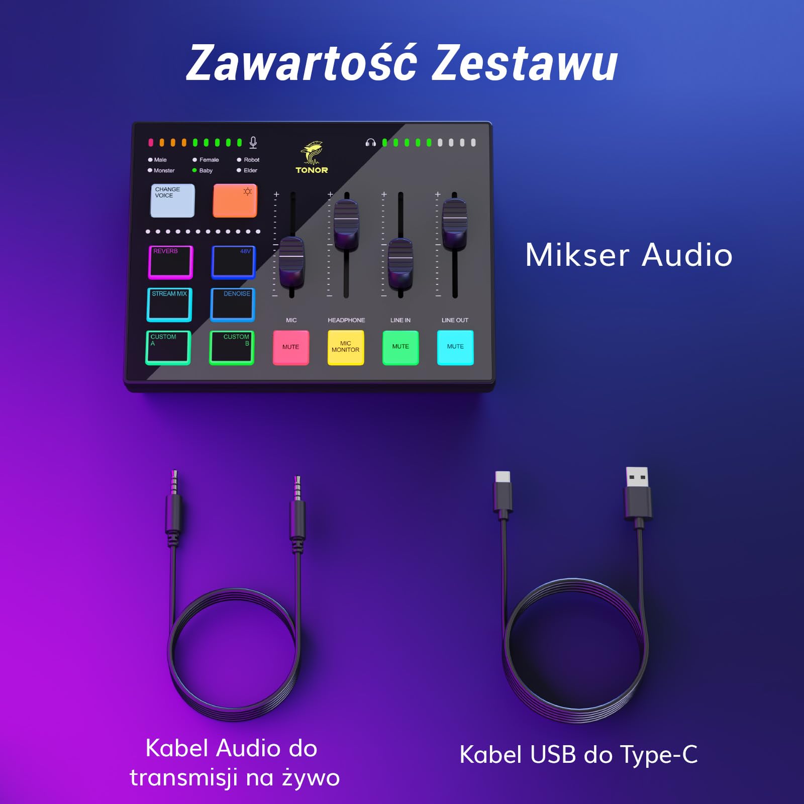 TONOR Interfejs audio do gier, mikser audio do streamingu, podcastów, nagrań studyjnych, 6,35 mm i kanał XLR, karta dźwiękowa z efektami świetlnymi RGB, do streamerów do gier, twórców treści TX310