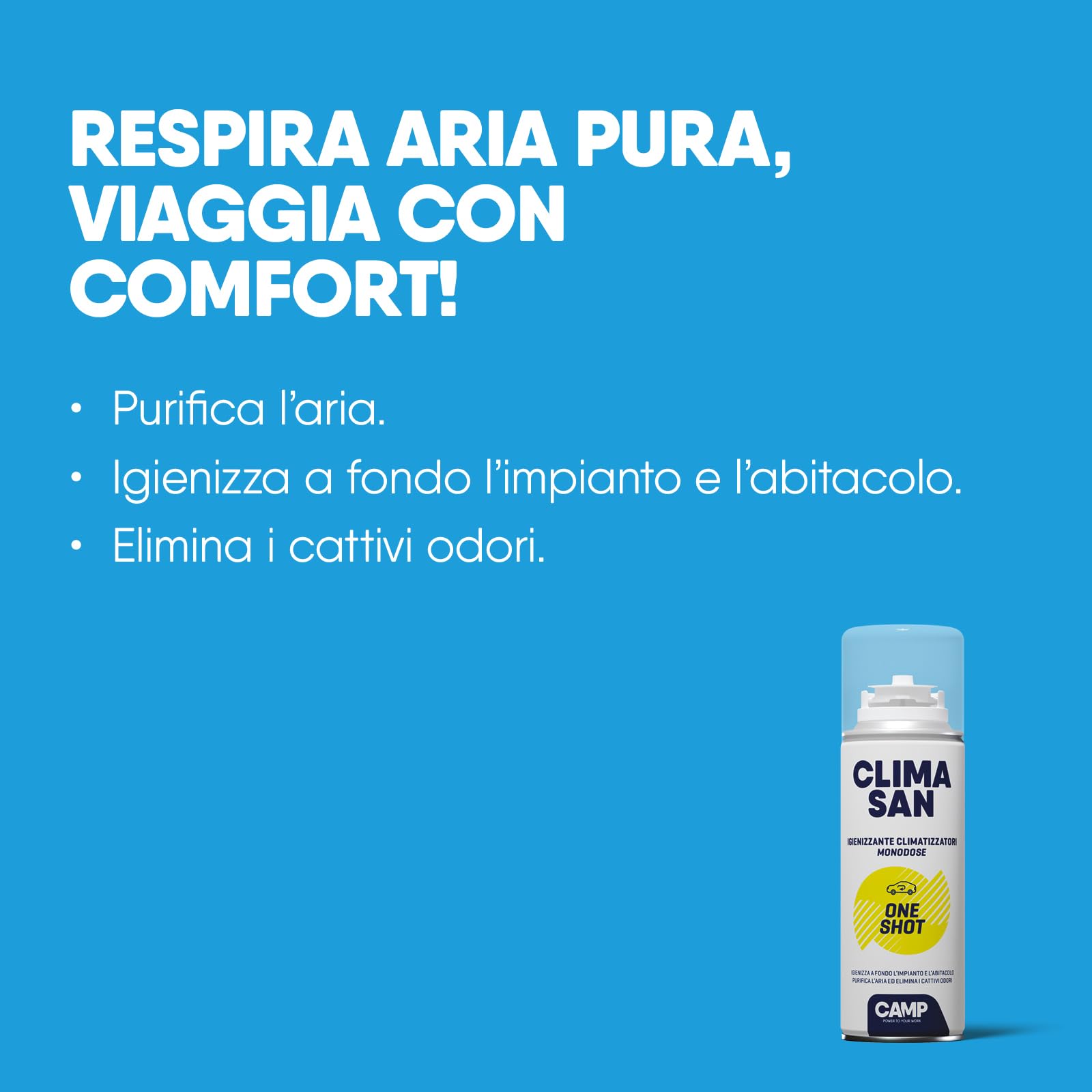 CAMP Climasan One Shot - Spray Limpiador Aire Acondicionado e Interior Coche, Limpieza Aire Acondicionado con Acción Purificadora–Ideal para Remover Gérmenes y Bacterias–Made in Italy, 12x200 ml
