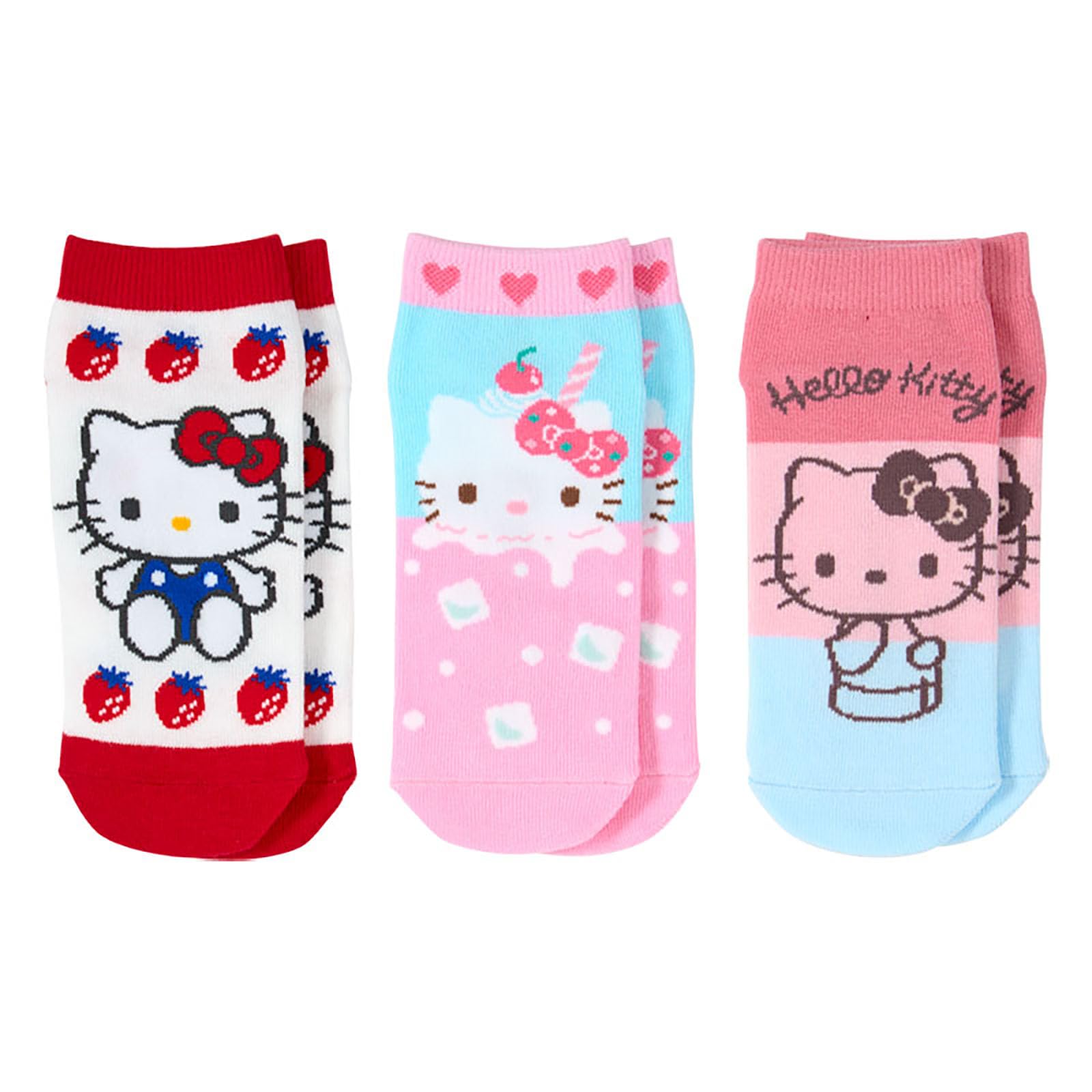 Sanrio Hello Kitty Kids Sneaker Socks Set of 3 Cotton Girls 5.1-5.9in
