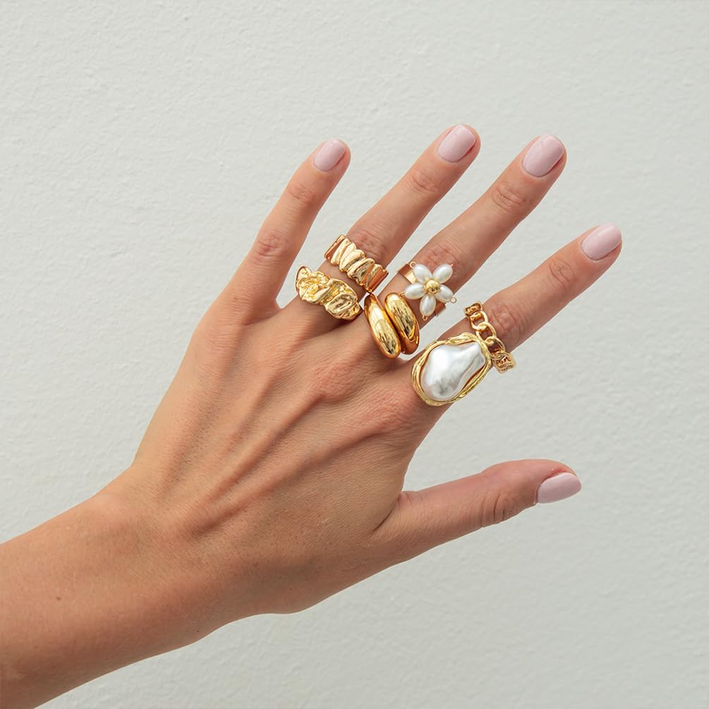 5Pcs Chunky Dainty Gold Flower Rings Stackable for Women Trendy, Statement Baroque Pearl Floral Silver Huggie Knuckle Ring Vintage Party Jewelry Gift - Image 7