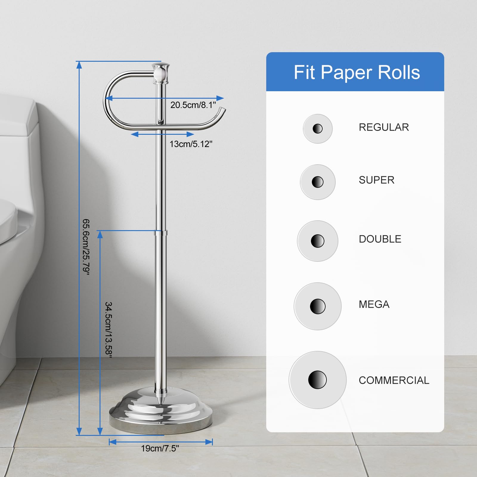 RUMOSE Toilet Paper Holder Stand for Floor Free Standing, Chrome — Amazon image 6