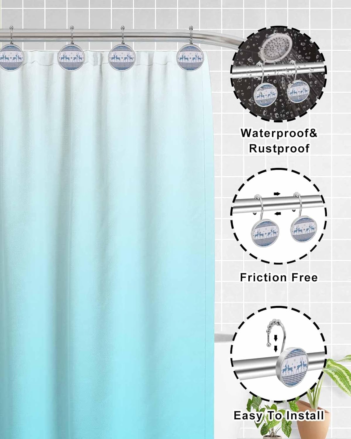 Shower Curtain Hooks 12 Pcs Christmas Blue Grid Snowflake Elk Silhouette Pattern Stainless Steel Rust Proof Rolling Shower Curtain Rings, Decorative Shower Curtain Hooks Hangers for Bathroom