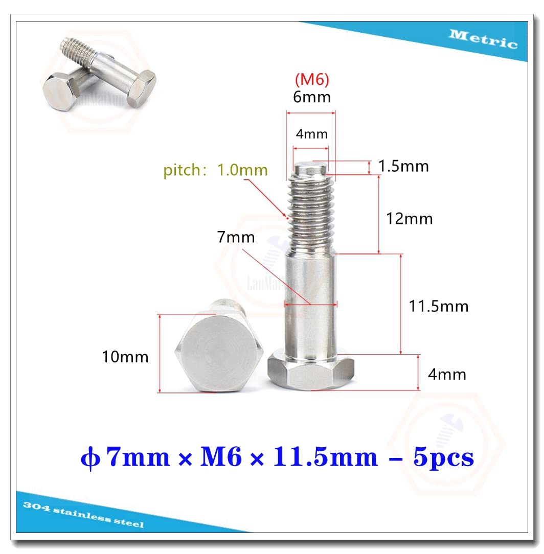 Amazon | φ7mm×M6×11.5mm-5本 304ステンレス外六角ショルダーボルト