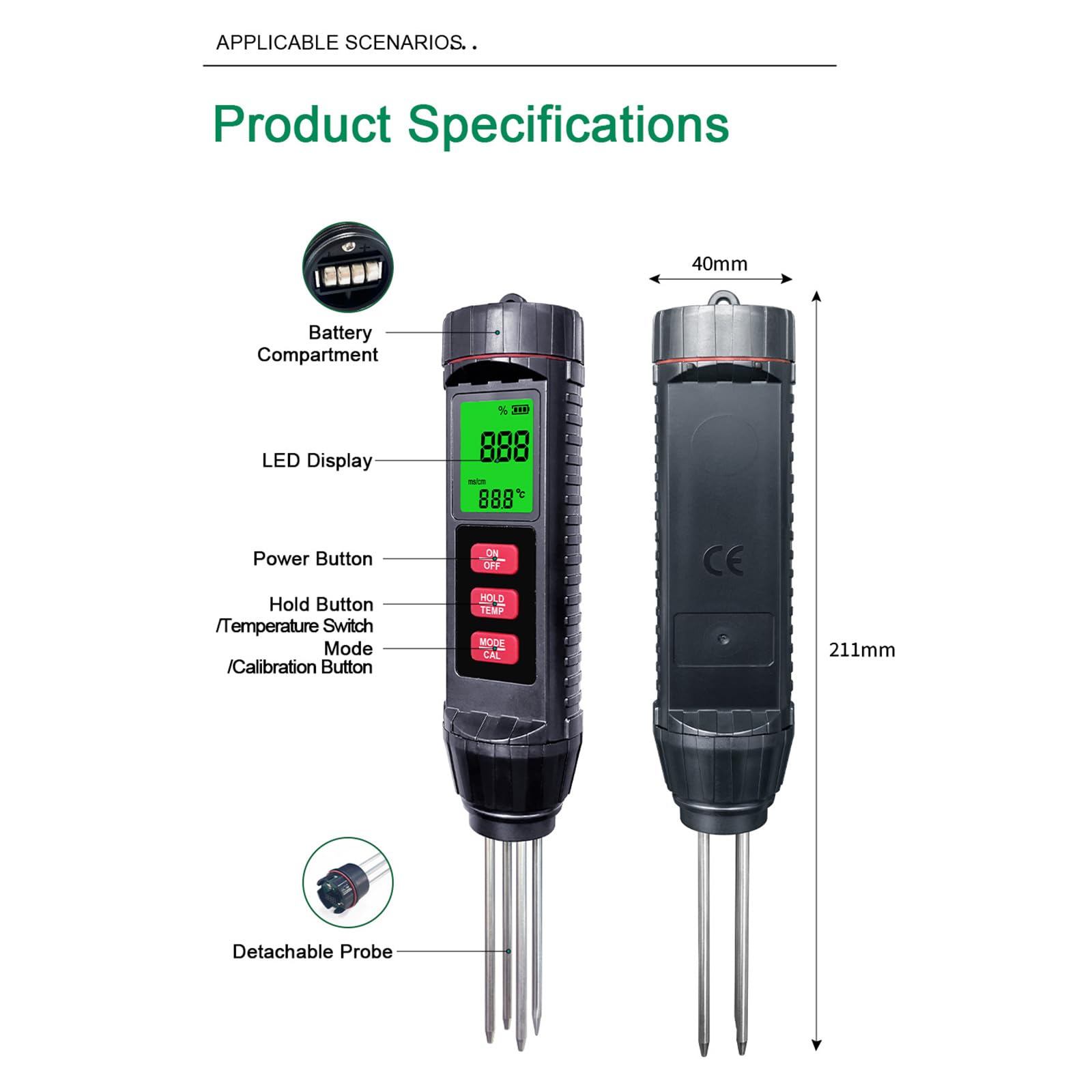 Misuratore di temperatura del suolo portatile per applicazioni in agricoltura e giardino, tester compatto di conducibilità del suolo con rilevamento della temperatura dell'umidità in serre, laboratori