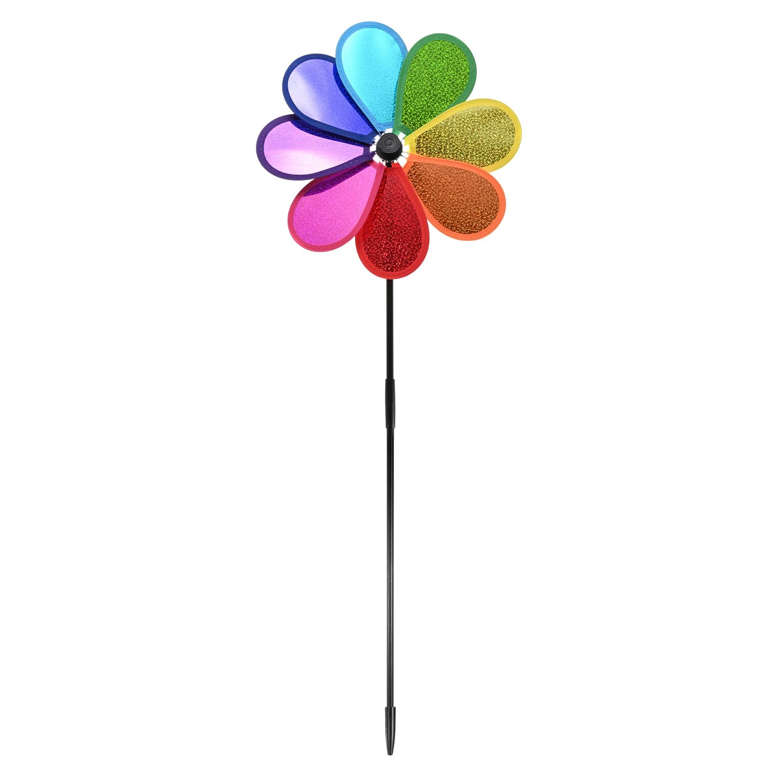 M METERXITY 1-Pack Flower Wind Spinner Sparkly Lawn Pinwheels, 28.3 Inch Plastic Reflective Pinwheels for Party Decorations/Yard/Garden, Colorful Rainbow Garden Windmill [Multicolor]