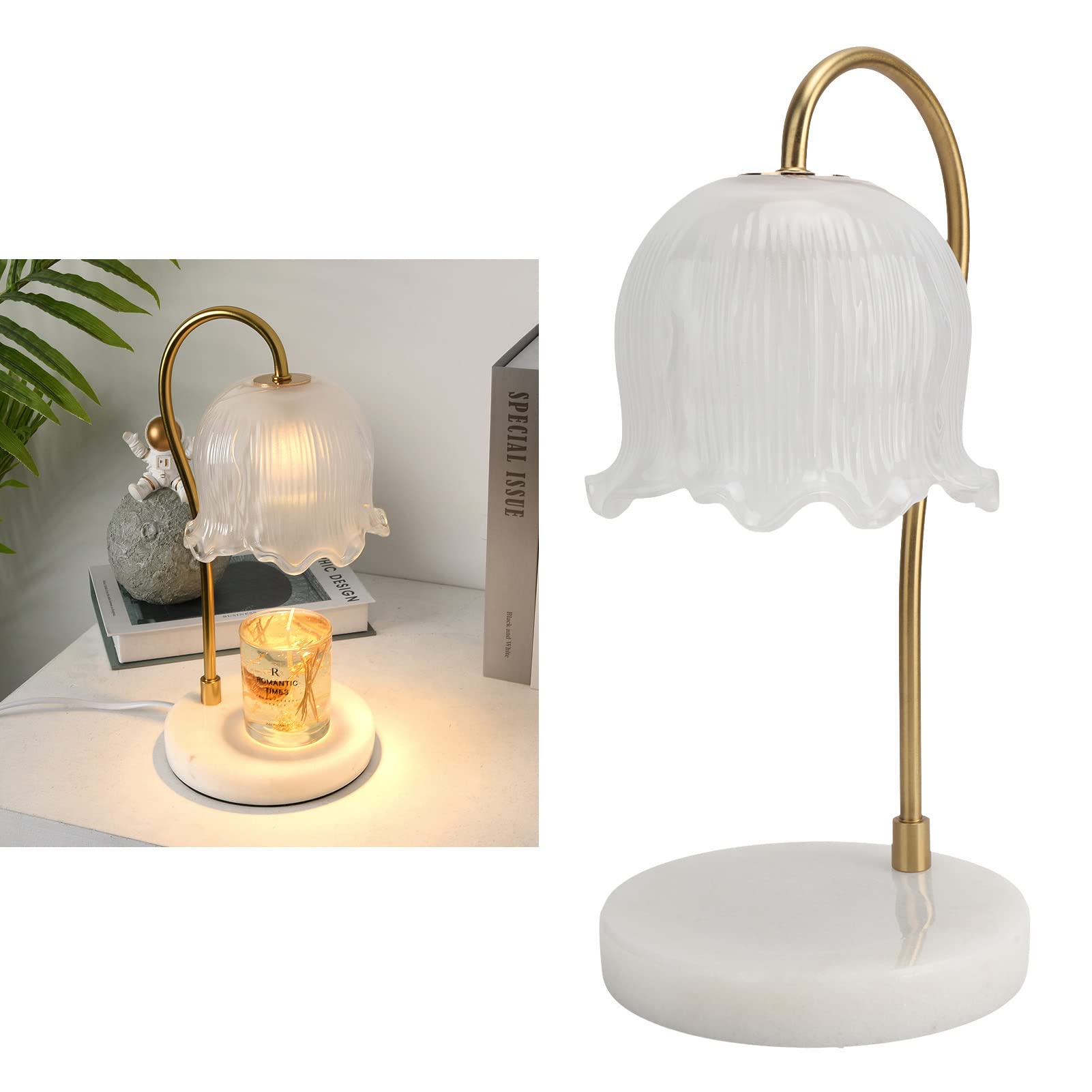 KLUFO Lampe chauffante pour Bougie, Lampe électrique à Cire Fondue en marbre et Verre, avec Source de lumière, pour la Chambre à Coucher.