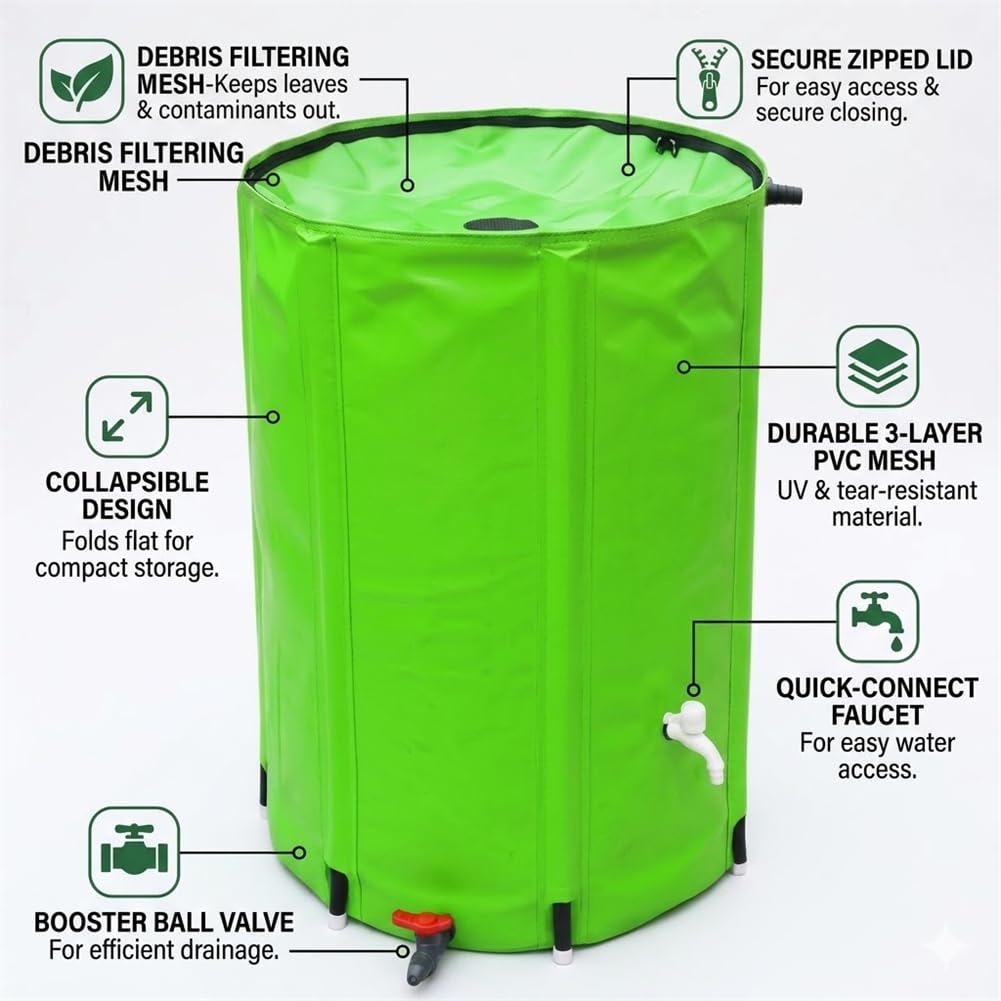 Barile di Raccolta dell'Acqua piovana Pieghevole da 66 galloni Serbatoio di Raccolta dell'Acqua in PVC Resistente con Rubinetto del Filtro e valvola Inferiore