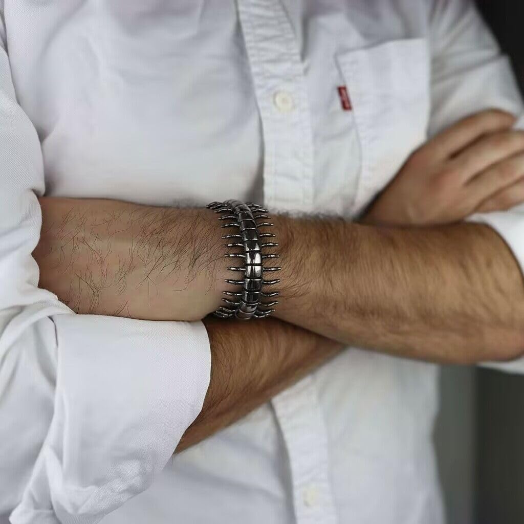 COOLSTEELANDBEYOND Men's Stainless Steel Centipede Bracelet, 3D Segmented Insect Link Cuff, Gothic Biker Punk Statement Jewelry, Edgy Gift for Him - Image 2