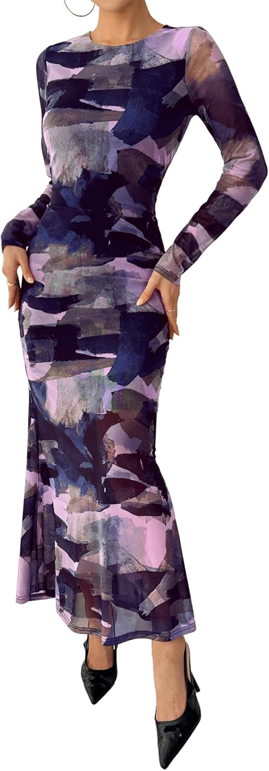 BTFBM Wedding Guest Dresses for Women Spring Fashion 2026 Bodycon Crew Neck Long Sleeve Boho Mesh Floral Maxi Fall Dress