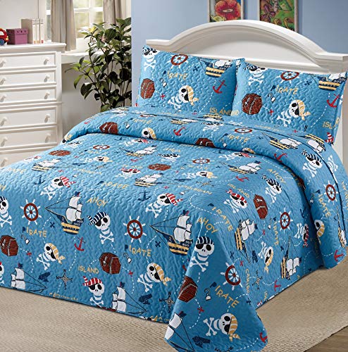 Kids Zone Home Linen Bedspread Set Pirates Land Lost Treasure Wood Box Anchor Skull Bones Ships Blue White Coverlet Quilt New (Twin)