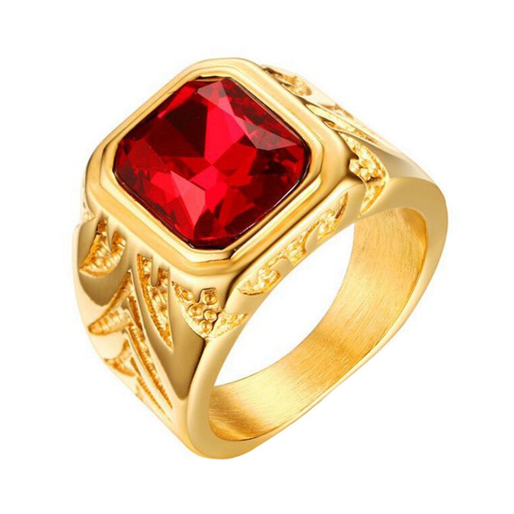 Men's Square Ruby Gemstone Diamond Black Rhodium Plated White Gold Ring...