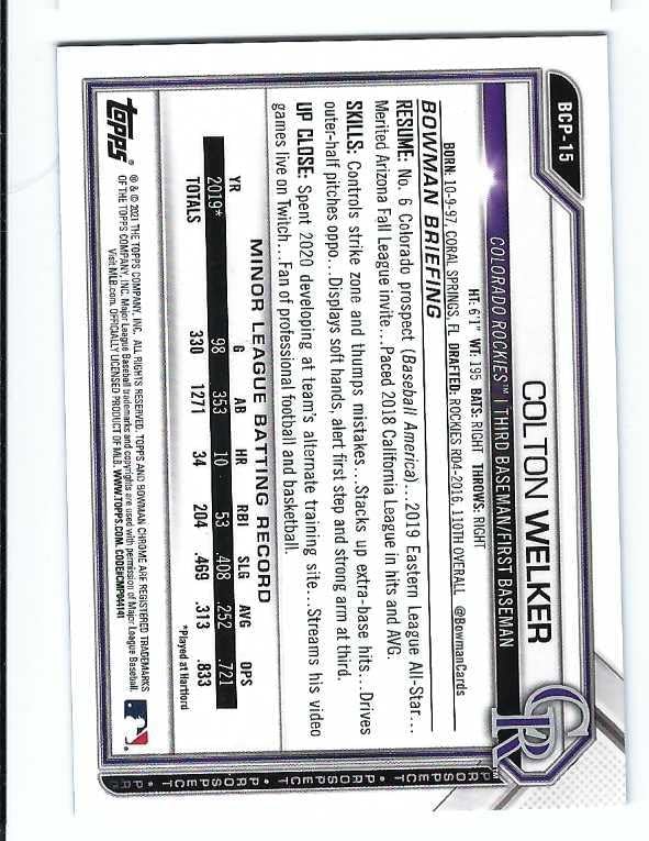 COLTON WELKER 2021 Bowman Chrome Prospects #BCP15 ORANGE SHIMMER REFRACTOR PARALLEL Rookie Card RC #17 of only 25 Made! Baseball Colorado Rockies