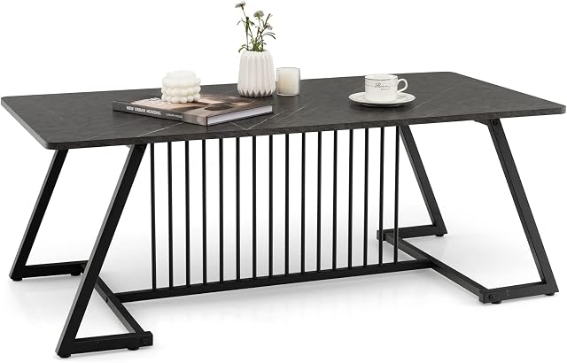 COSTWAY Modern Coffee Table, 120x60cm Faux Marble Center Cocktail Tea Table with Adjustable Feet, Metal Frame Accent Sofa End Side Table for Living Room, Bedroom and Office