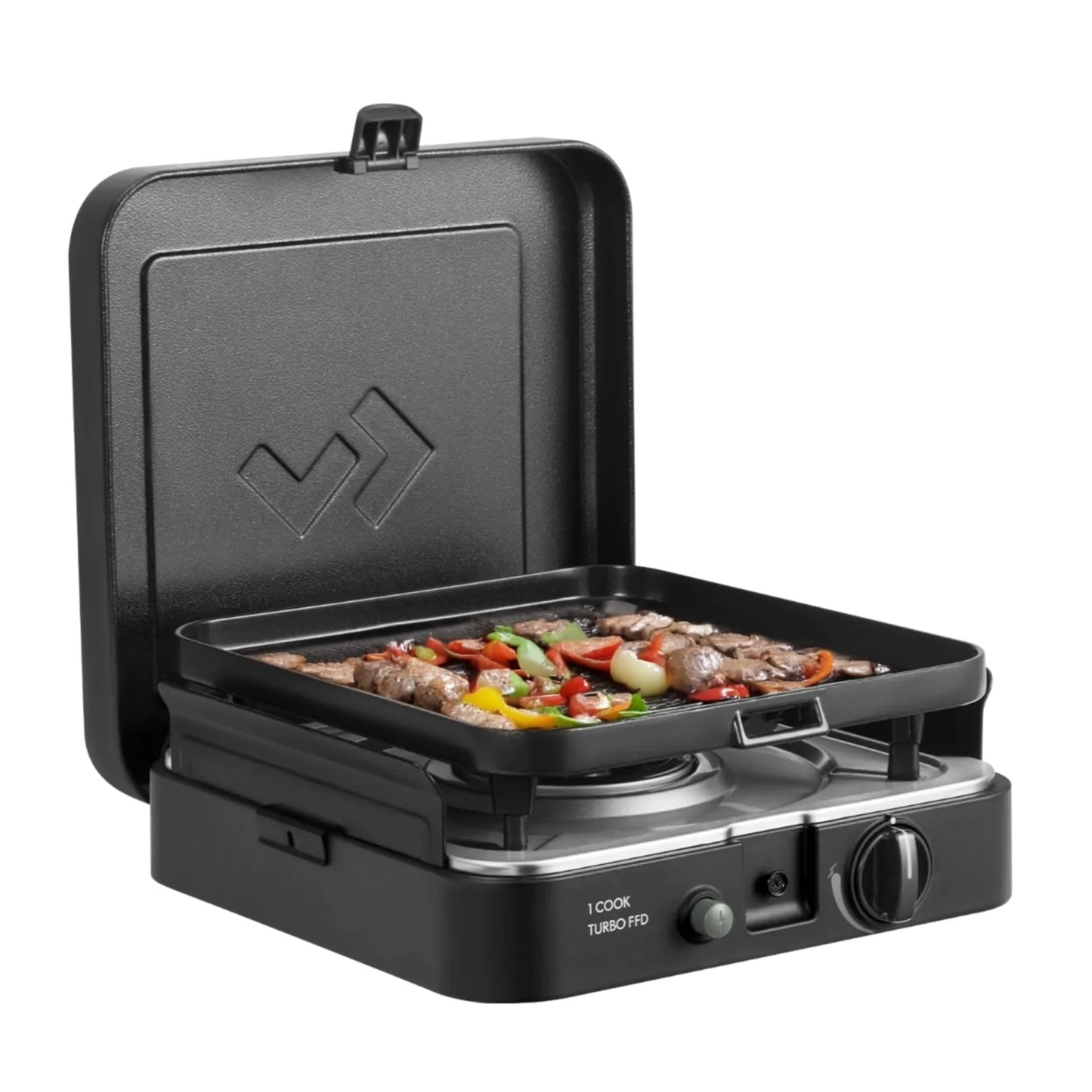 CADAC - 1 Cook Turbo FFD Flat Plate - barbecue - Barbecues portables - Surface de cuisson en acier inoxydable - Incl. Housse de protection - Camping - Les incontournables du barbecue - Noir