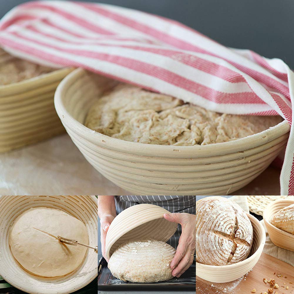 Cestello per la Preparazione del Pane/Cestini di lievito Naturale Banneton/Ciotola in Rattan in Aumento con Liner e taglierina per Pane, per fornai Professionisti,10.2in