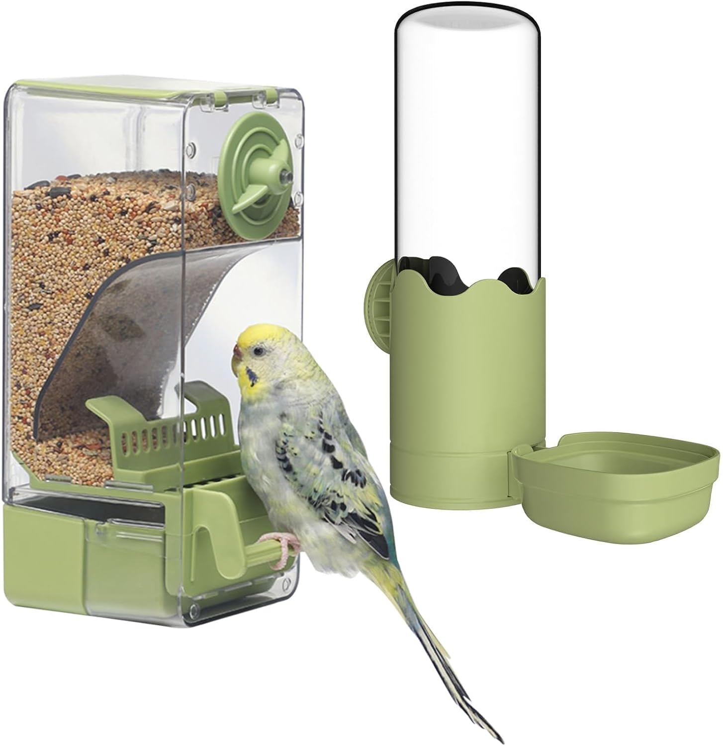 No Mess Bird Feeder Water Dispenser Set, Automatic Cage Feeder with Perch for Seed Parakeet Canary Cockatiel Finch Budgies Cage Accessories (Green)