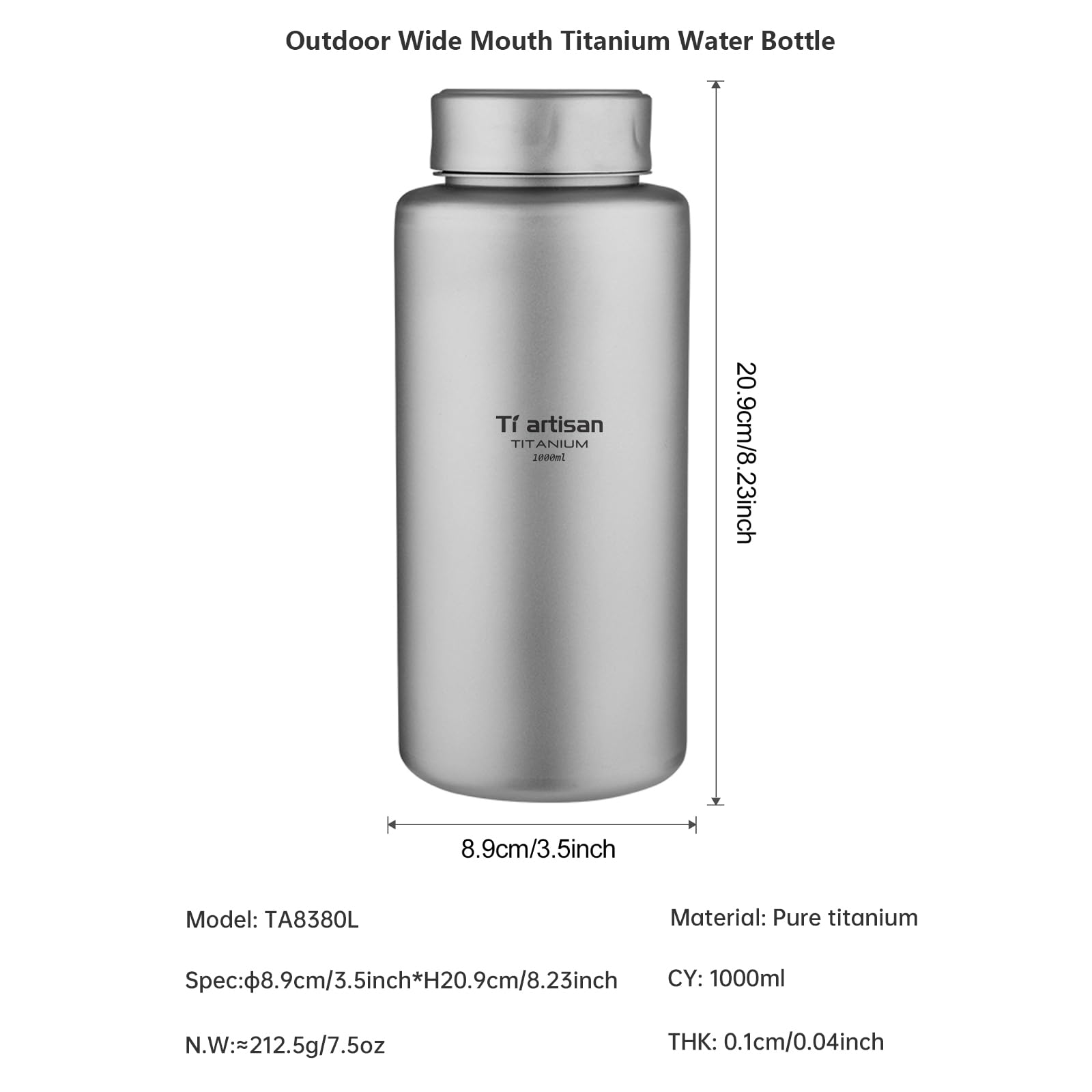 Ti artisan Butelka sportowa z tytanu na wodę 1000 ml 34 uncje/700 ml Ultralekka, szczelna do biwakowania na zewnątrz i wędrówek (1000 ml (33,82 uncje płynu))