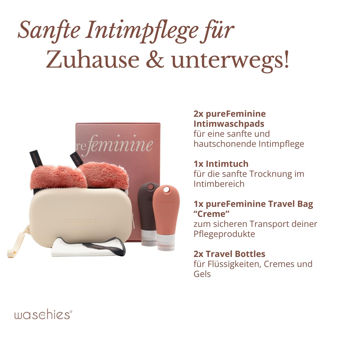 Waschies PureFeminine - Juego de 6 bolsas de aseo de tamaño mediano en crema con almohadillas de lavado íntimo, paño y botellas de viaje, pH neutro e hipoalergénico, lavable, reutilizable y sostenible