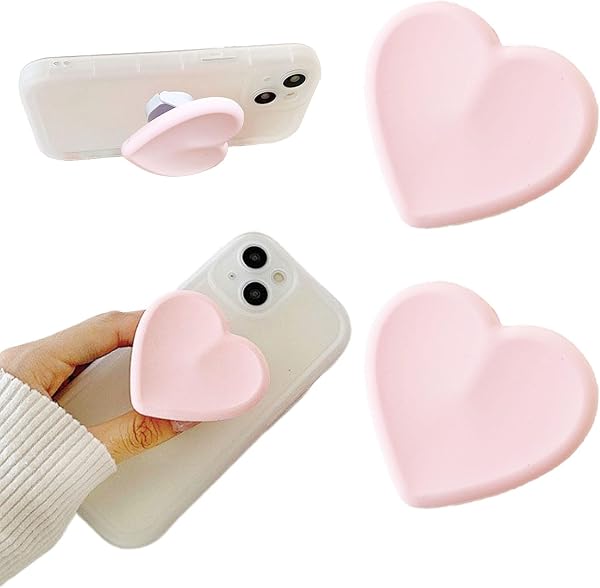 2PCS Heart-Shaped Silicone Mobile Phone Grip Stand, Collapsible Cellphone Finger Grip Holder for Smartphone Tablet Cell Phone Accessory Compatible phone case (Pink) - 1