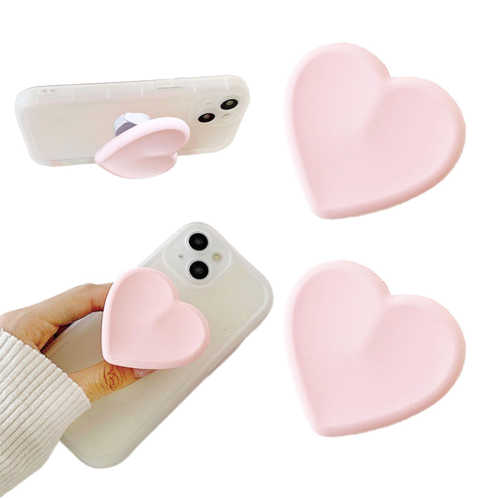 2PCS Heart-Shaped Silicone Mobile Phone Grip Stand, Collapsible Cellphone Finger Grip Holder for Smartphone Tablet Cell Phone Accessory Compatible phone case (Pink)
