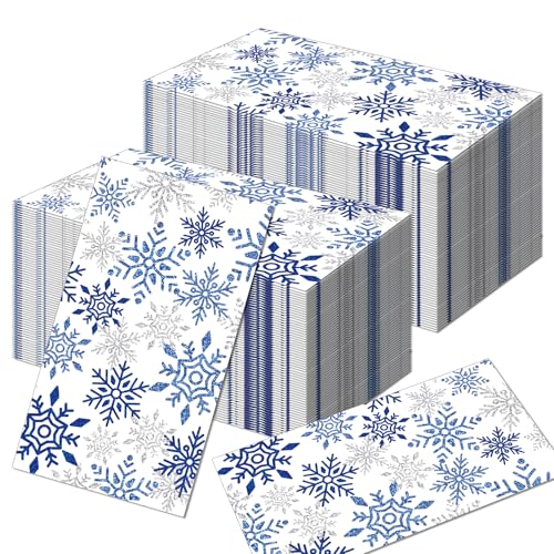 20 servilletas de fiesta de Navidad, decoraciones de cumpleaños de congelado, 2 capas, 40 x 33 cm, toallas de papel desechables con diseño de copo de nieve azul real para Navidad, cumpleaños, boda