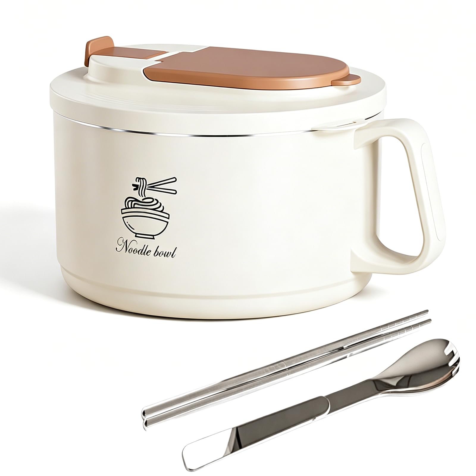 FIYSON Instant Noodle Bowl, 1650 ml, Ramen Bowl with Lid, with Chopsticks and Spork, Leak-Proof Soup Bowl, Soup Cups with Handle, Rice Bowl, Salad Bowl, Bento Box (Beige, Large)