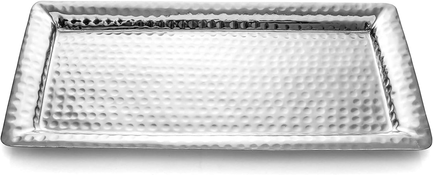 Monarch Abode 40308 Hand Hammered Metal Decorative Vanity Platter Tray, Kitchen Bathroom Counter Storage Counter Organizer, 16 inch, Nickel Finish
