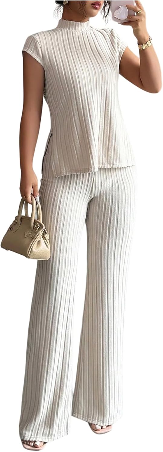 SOLY HUX Women's 2 Piece Outfits Summer Mock Neck Cap Sleeve T Shirt and Pants Casual Matching Sets