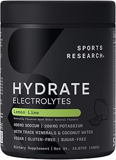 Sports Research® Hydrate Electrolytes Powder - Sugar-Free & Naturally Flavored with Vitamins, Minerals, and Coconut Water - Supports Hydration - Lemon Lime - 90 Servings