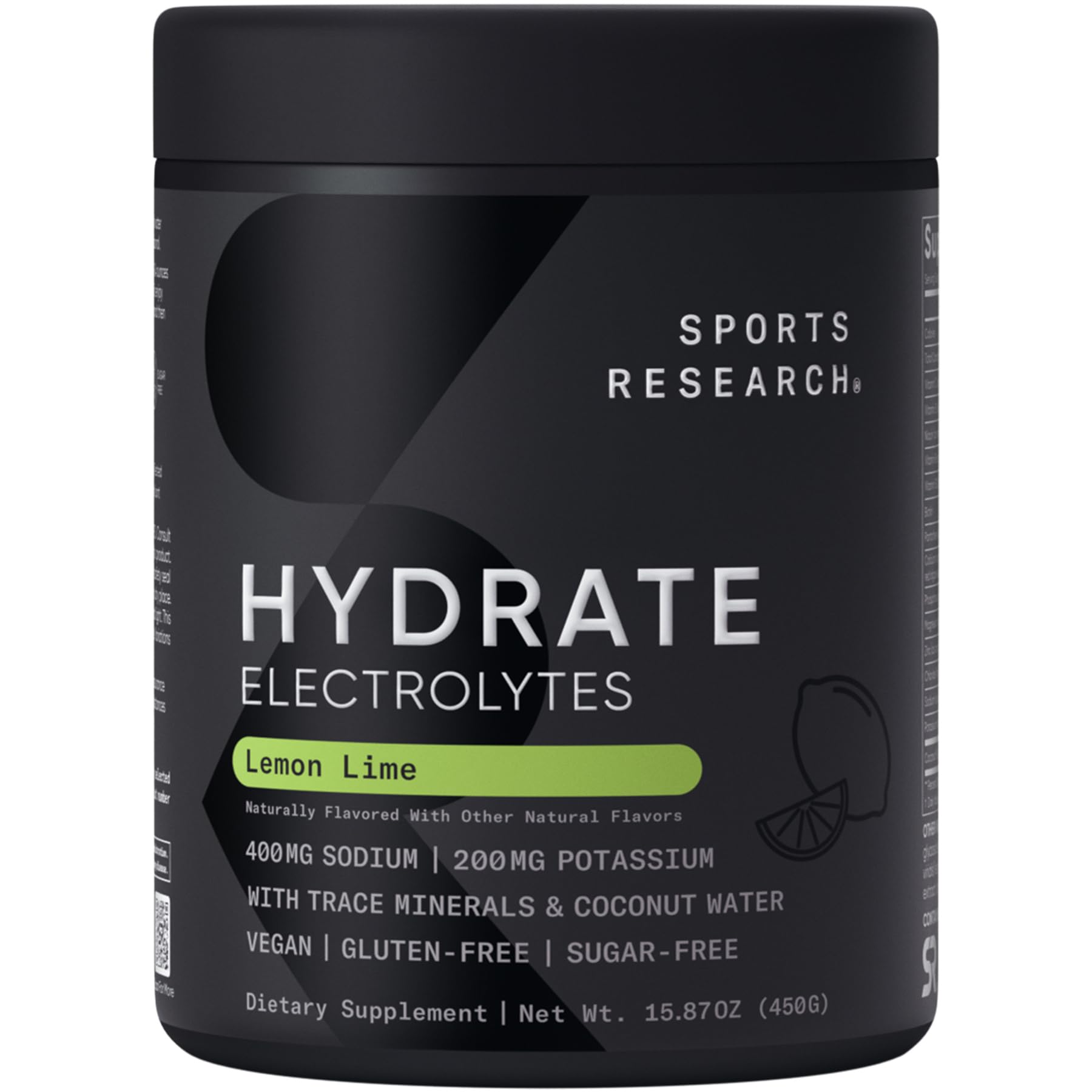 Sports Research® Hydrate Electrolytes Powder - Sugar-Free & Naturally Flavored with Vitamins, Minerals, and Coconut Water - Supports Hydration - Lemon Lime - 90 Servings