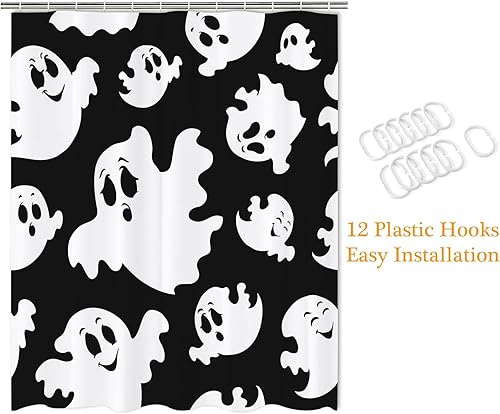 Miniatura 7 de JOOCAR Bonita cortina de ducha de Halloween, fantasmas divertidos y espeluznantes, juego de cortina de ducha de poliéster blanco y negro con 12