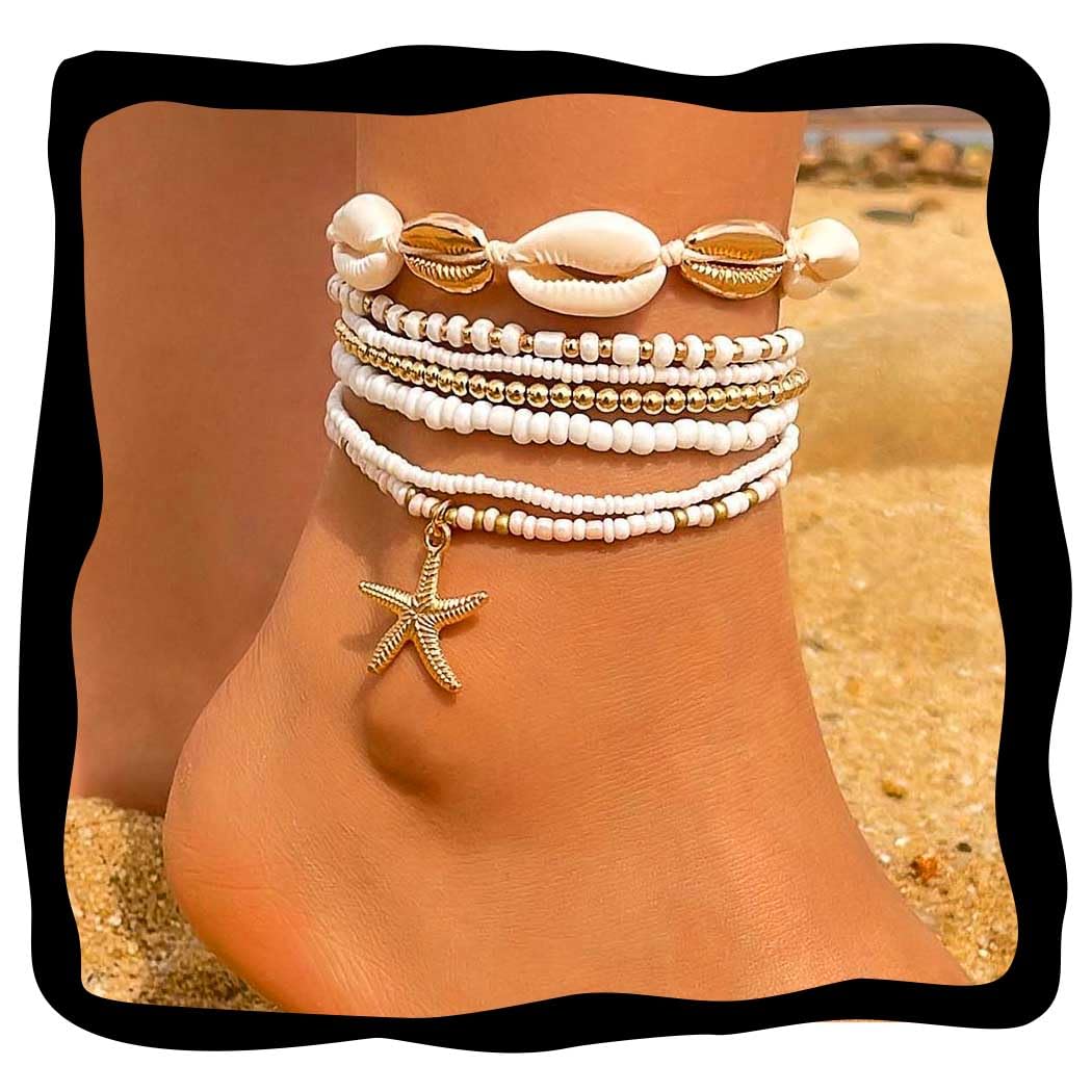 Fashband Boho-Fußkettchen mit Perlen, Seesternfarben, mehrla