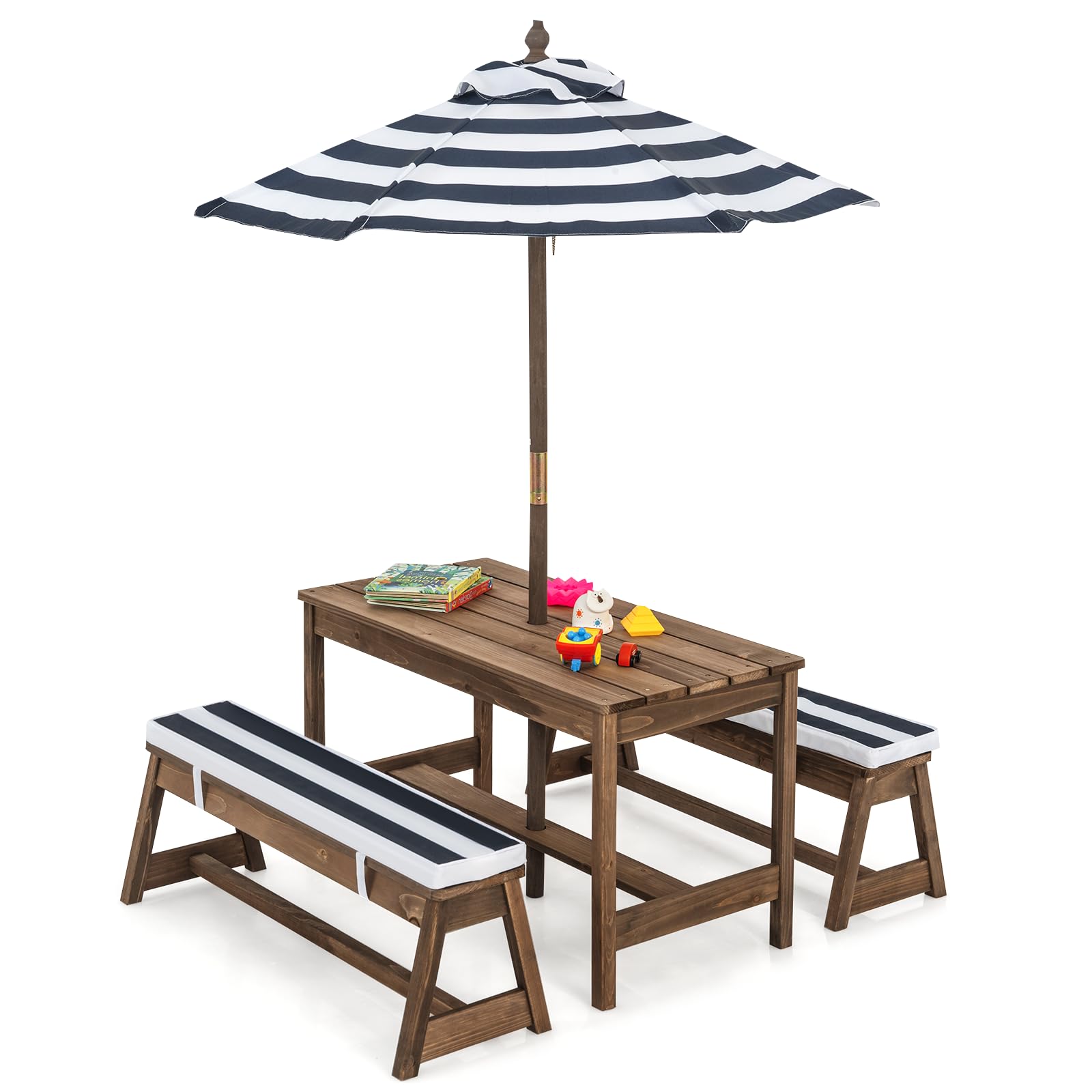 SOARS Ensemble de Table de Pique-Nique pour Enfants avec Parasol Réglable, Table et Bancs en Bois de Sapin pour Enfants avec Parasol et Coussins Doux, Salon de Jardin et Parc (Bleu)