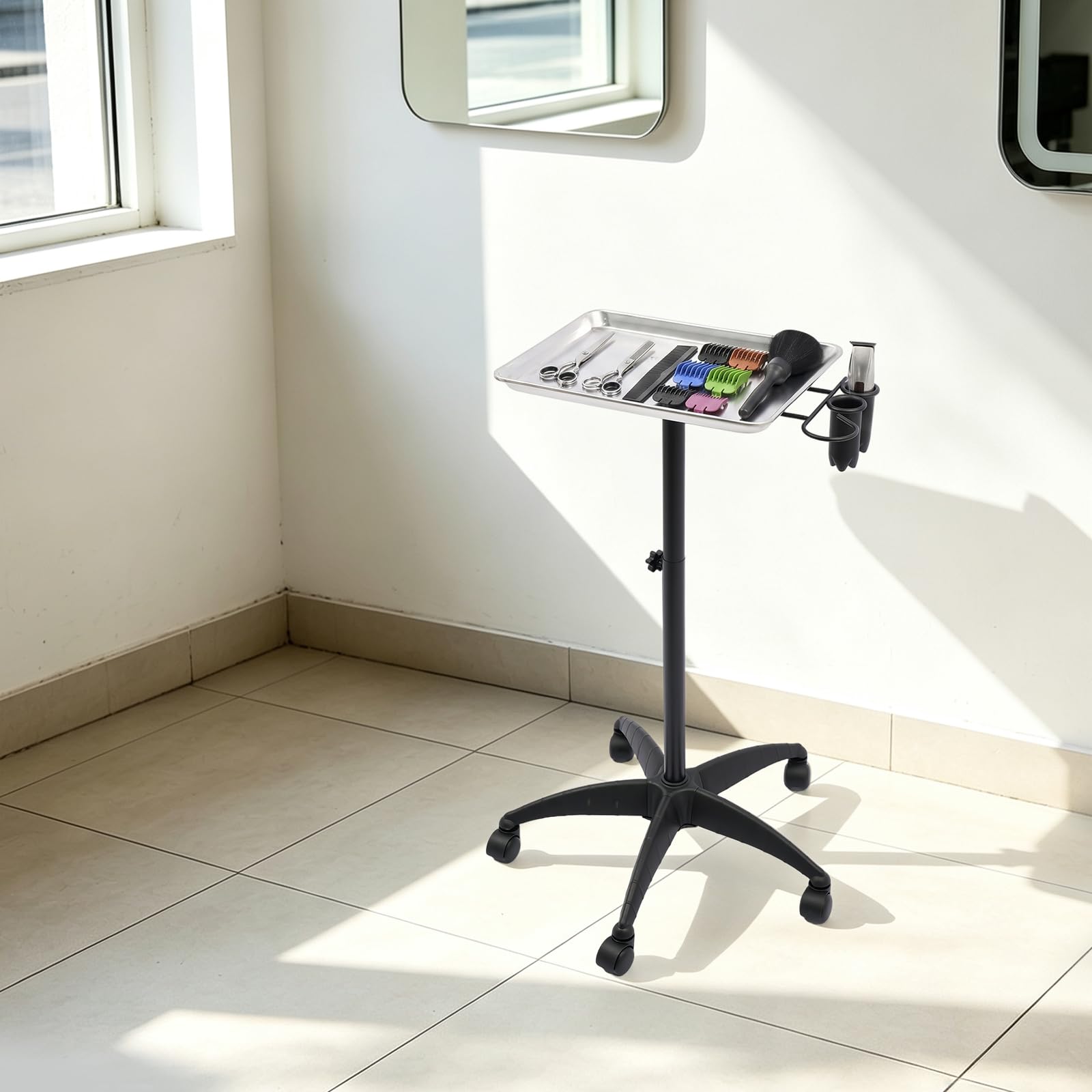 Carrello parrucchiere regolabile, estetista con vassoio e portautensili | Struttura in alluminio e ferro, vassoio 45x33cm con portautensili laterale, rotazione 360°, 5 ruote, per saloni e barbierie