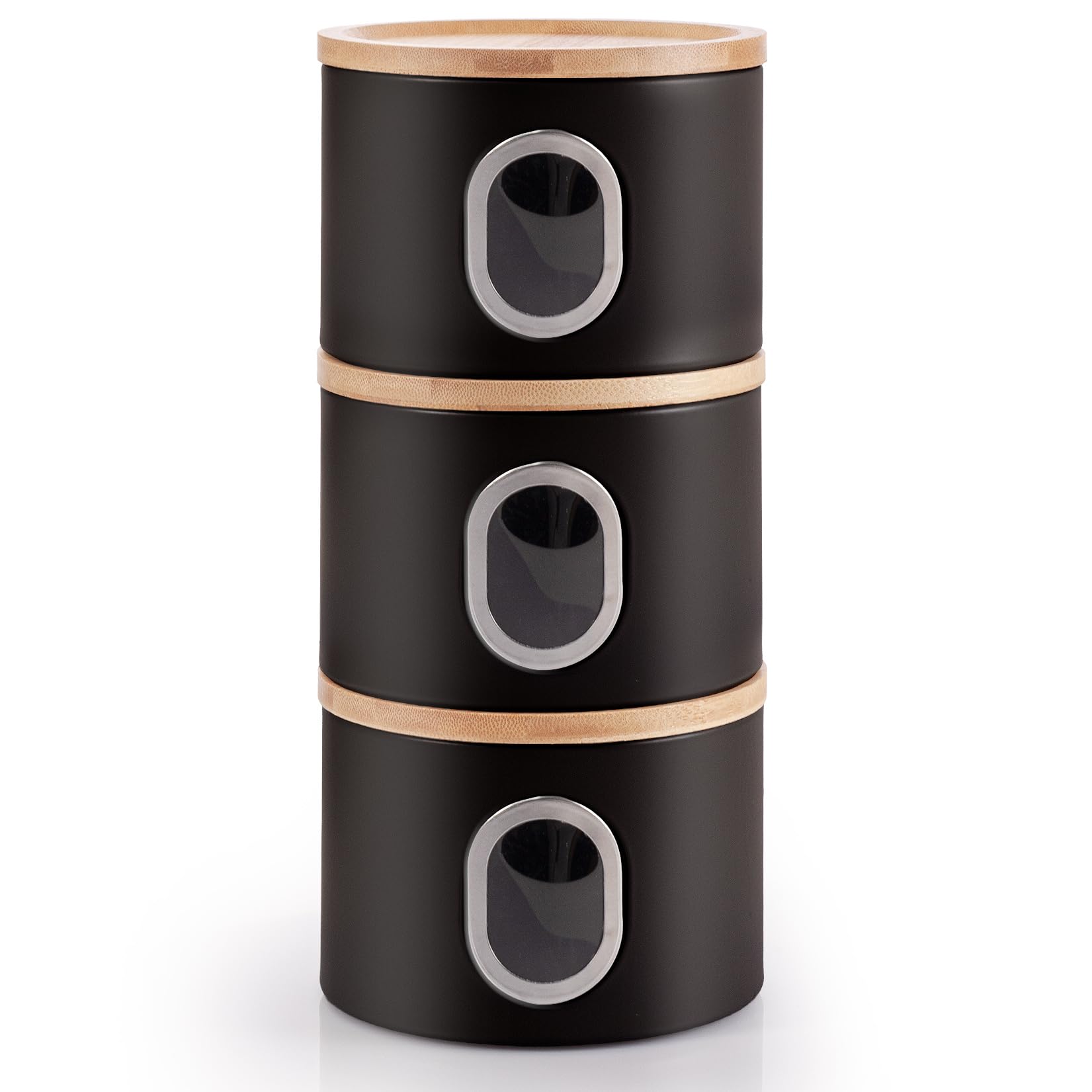 EHC Set of 3 Kitchen Storage Canisters for Tea Coffee Sugar, Transparent Window Airtight Kitchen Multi purpose Containers, Black