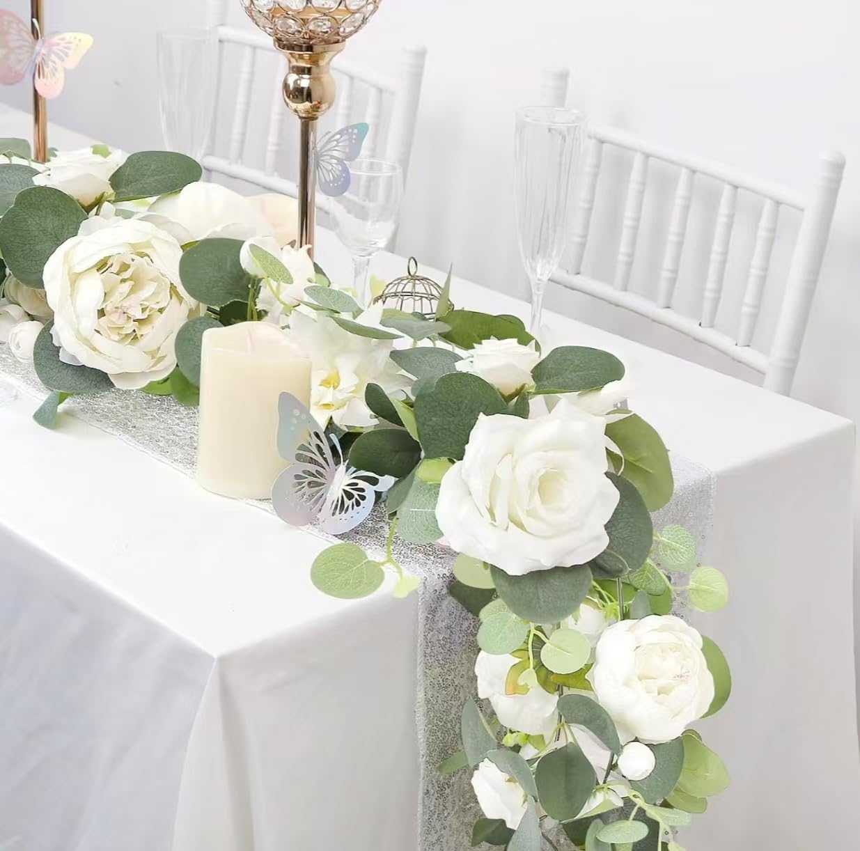 Künstliche Pfingstrosen-Girlande, 1,5 m, künstliche Blumenranke mit Schmetterlingen und Eukalyptus, Hochzeit, Zuhause, Wandbehang, Dekoration, Weiß, 2 Stück