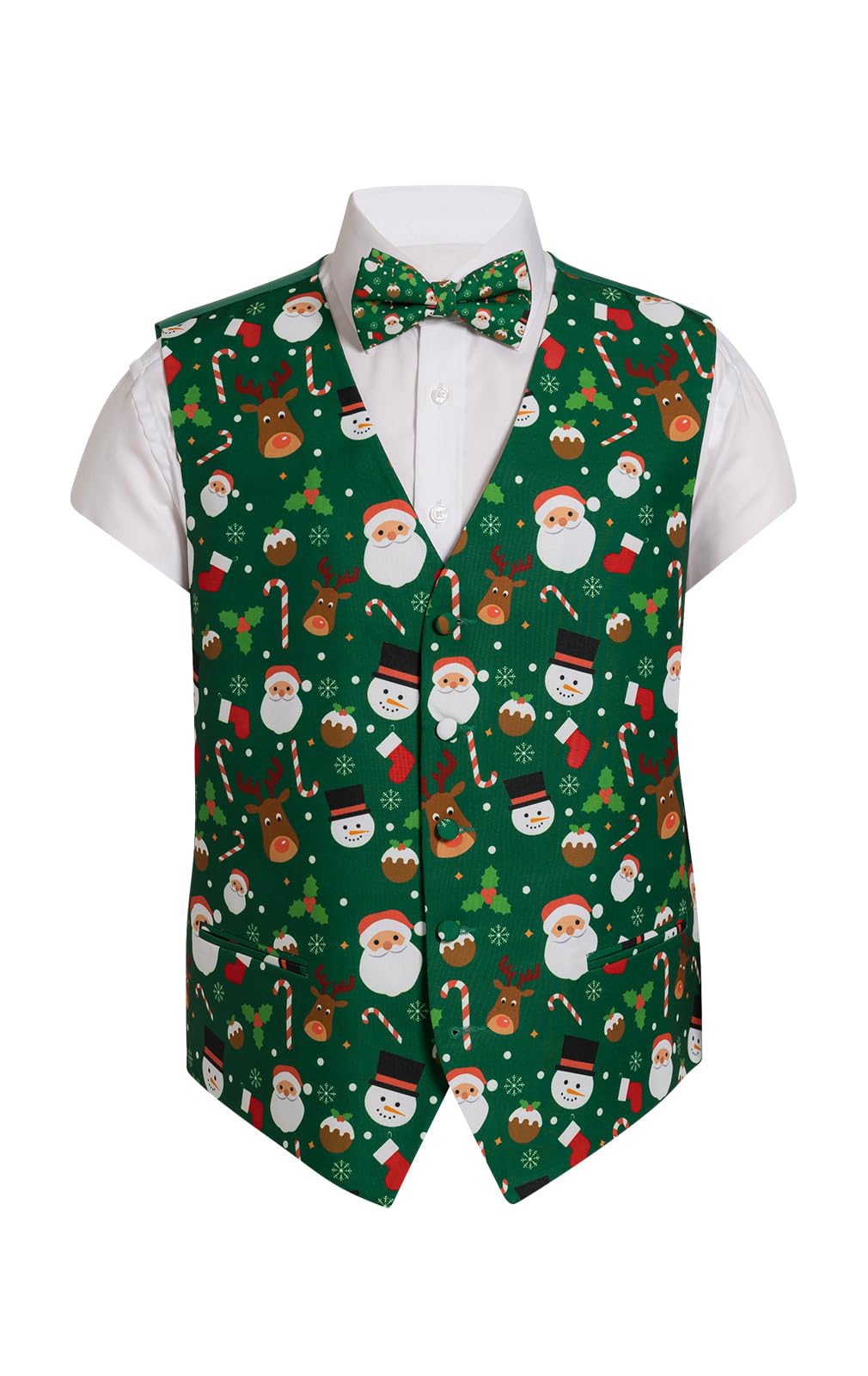 Dobell Mens Green Santa and Friends Christmas Waistcoat, Bow Tie and Handkerchief Set-2XL