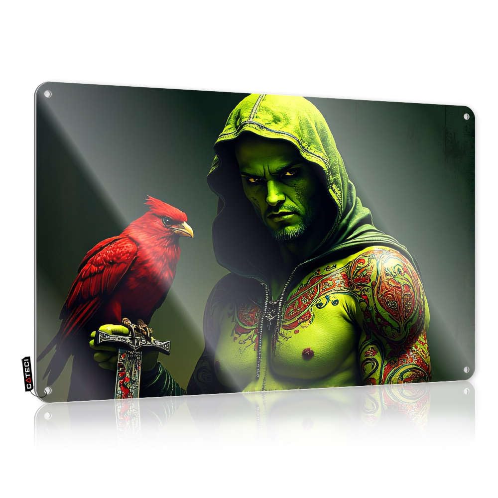 Sujd Colour Decorations Door Vintage Style | Green Hooded Figure With Vibrant Tattoos And A Red Bird. Cottage Custom Home Decor(30X40cm)