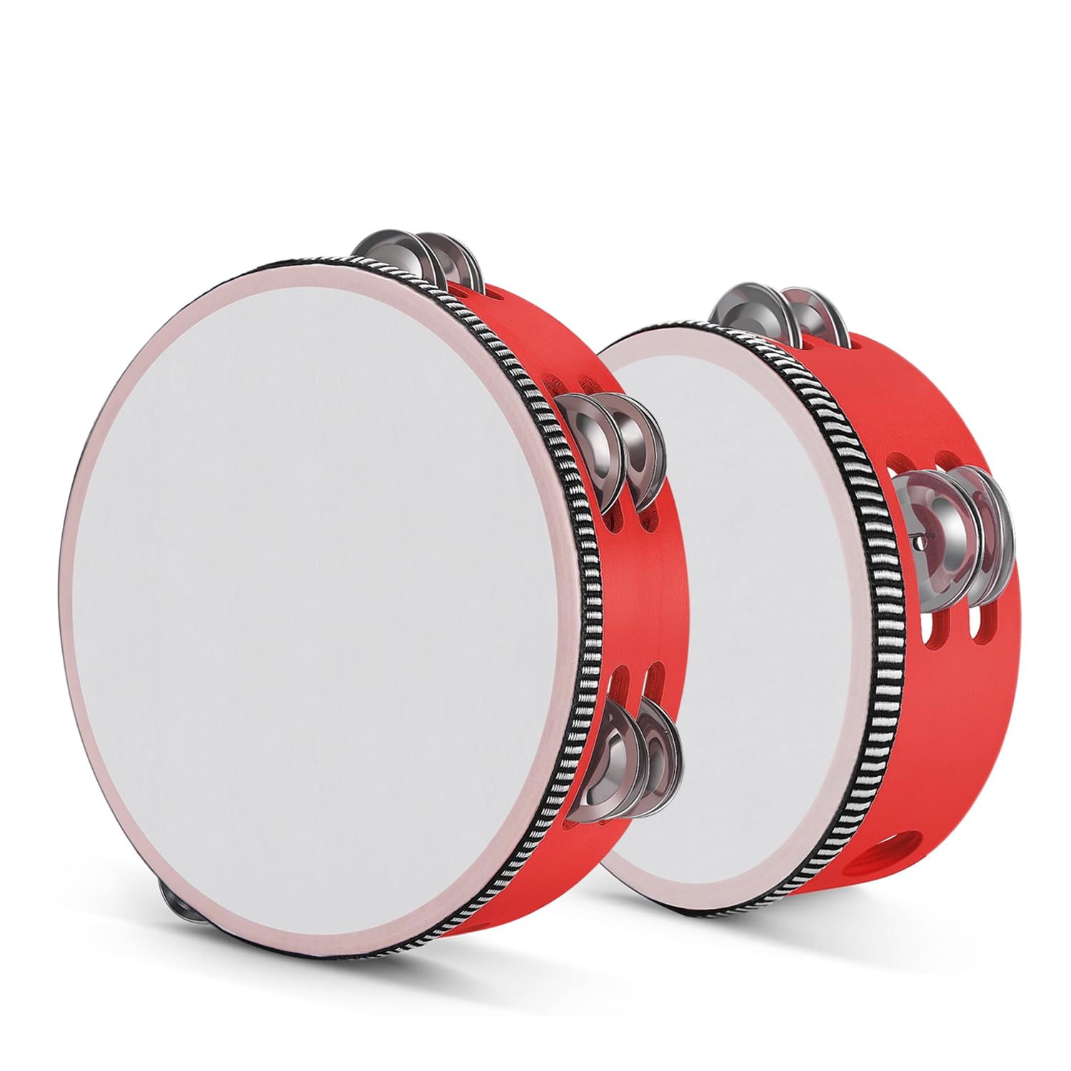 Flexzion Wood Handheld Tambourine- 8 &amp; 6 Inch Set of 2 Pack, Double Row 12 Pair Metal Jingles, Percussion Drum Moon Musical Instrument (Red)