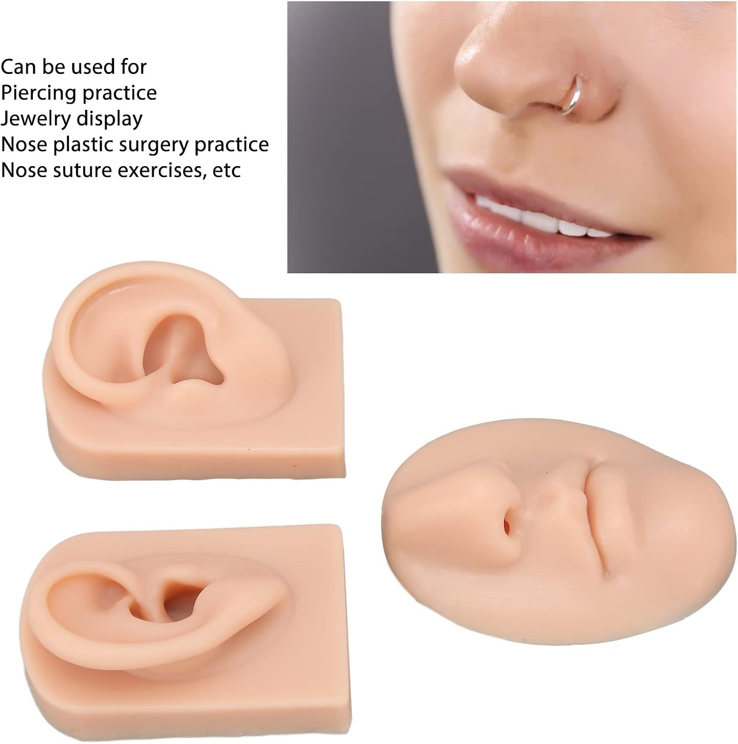Jiawu Silicone Ear Model, Soft Silicone Nose Model, 3D Nose and Mouth Model for Piercing Practice, Silicone Body Parts, Human Ear Model, Silicone Flexible Model for Jewelry Display (#2)