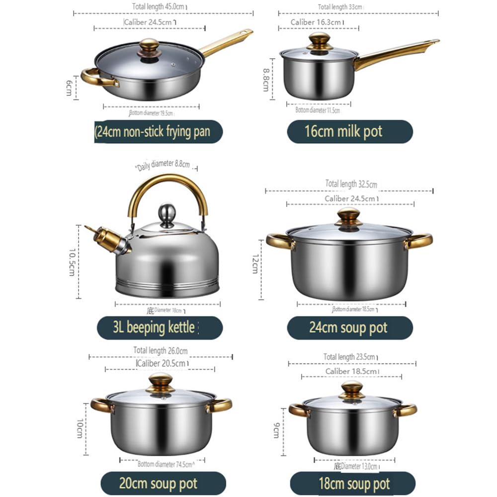 Set di Pentole in Acciaio Inossidabile da 12 Pezzi, 6 Tipi di Pentole da Cucina, Padella, Pentola per Zuppa, Pentola per Latte, Bollitore, Set di Pentole, Bollitore B, 12(Kettle B-12 pc)