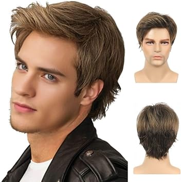 Mens Brown Short Wig Side Part Natural Looking Hair Wigs Synthetic Fiber Daily Wig