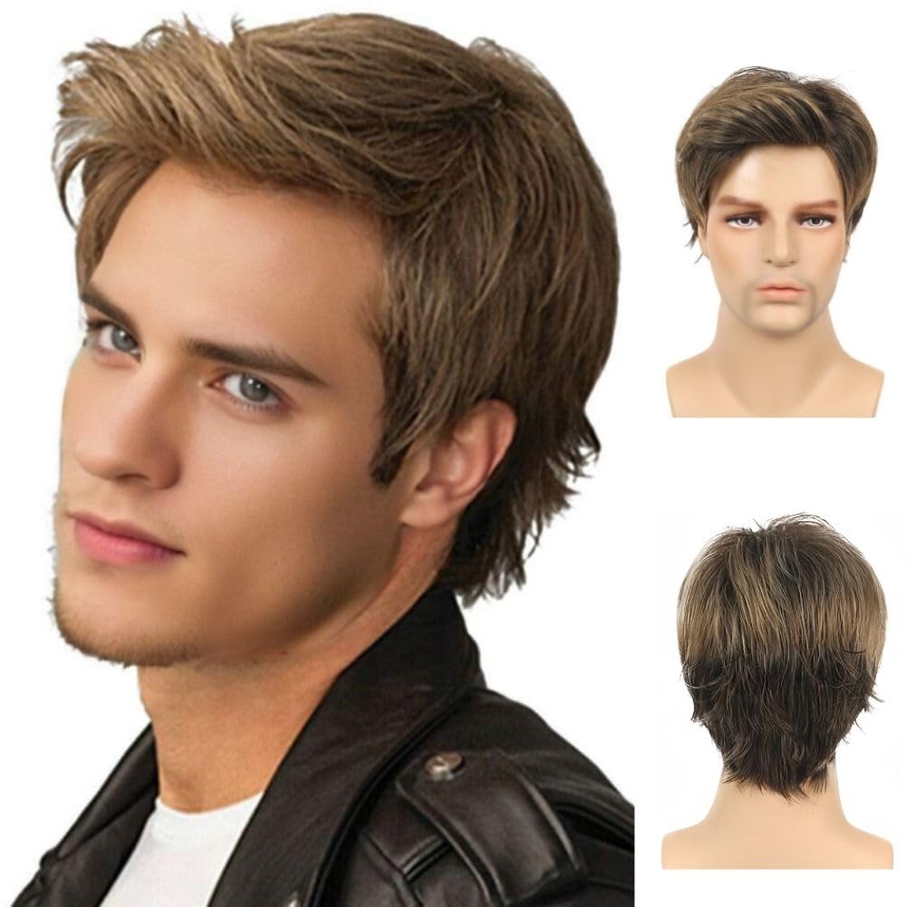 Salaibs Mens Brown Short Wig Side Part Natural Looking Hair Wigs Synthetic Fiber Daily Wig, Brown Blonde