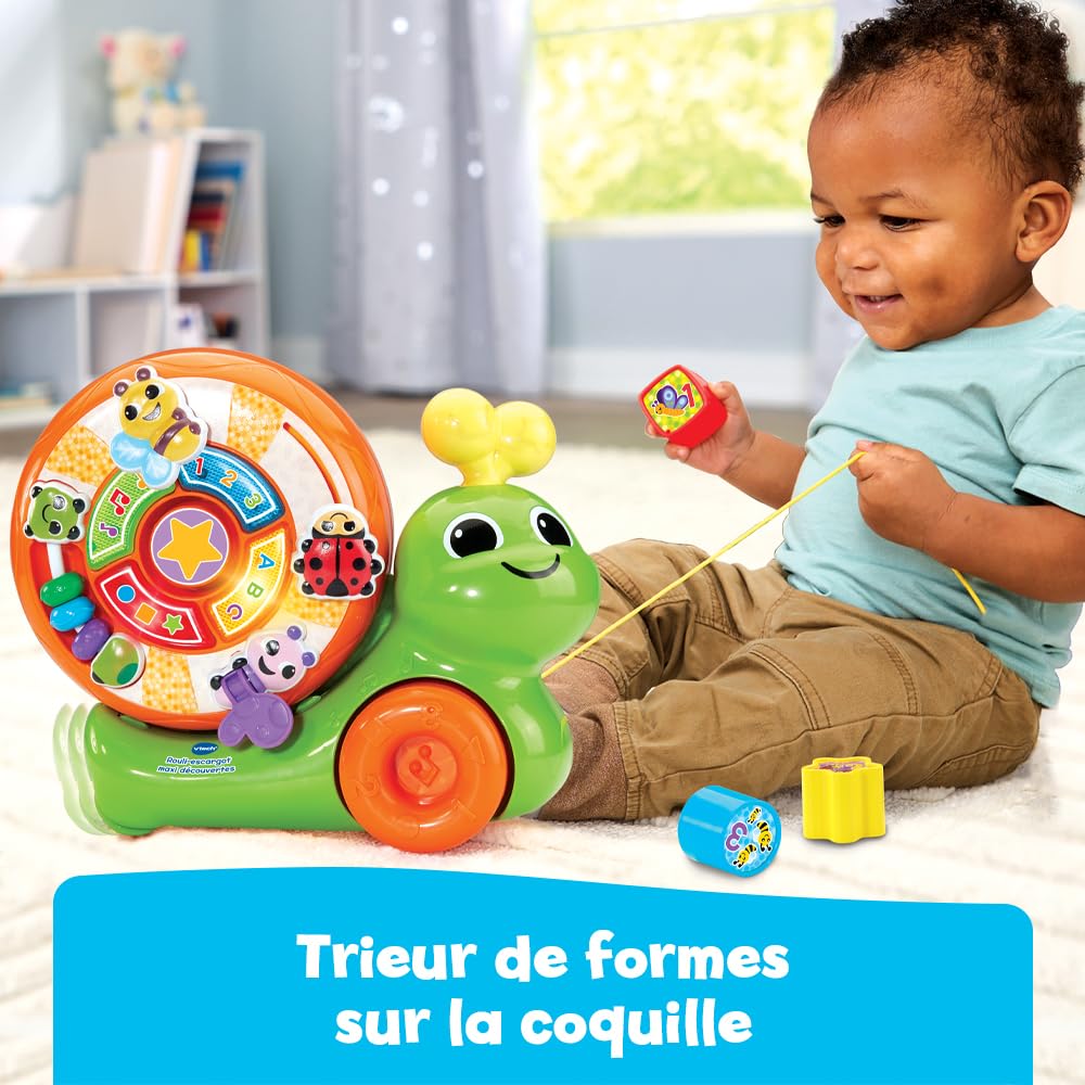 VTech - Rouli-Escargot Maxi Découvertes, Jouet à Tirer 2 en 1, Trieur de Formes, Jeux d'Éveil, Escargot à Promener, Jouet Musical et Interactif, Cadeau Enfant Dès 1 an - Contenu en Français