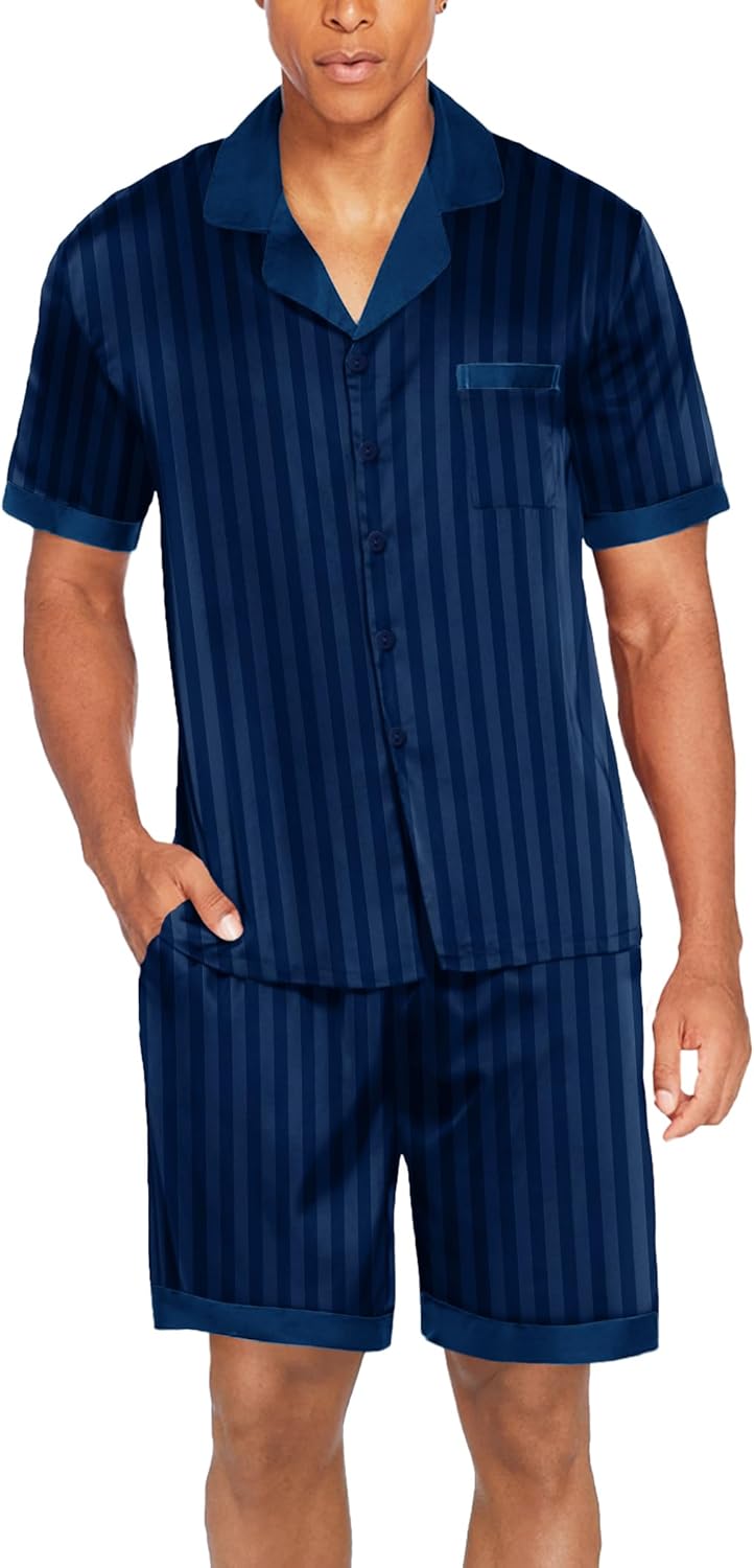 Ekouaer Men Satin Silk Pajamas Set with Pockets Sleepwear Shorts Satin Summer Loungewear 2 Piece Button Down Set S-3XL - Image 5