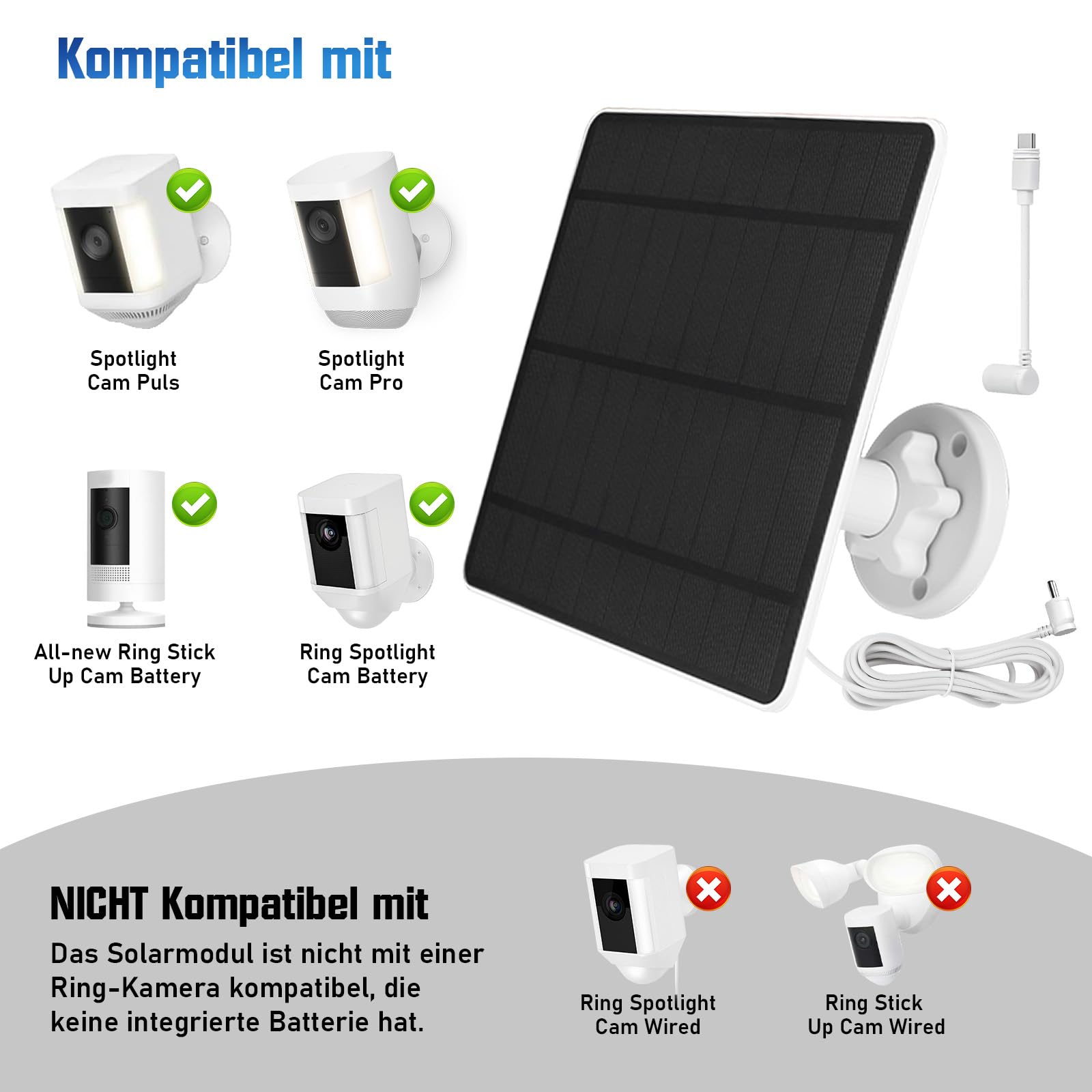 Ring Kamera Solarpanel 5W IP65 Wasserdicht 3m Kabel 360° Einstellbare Halterung 2 Pack