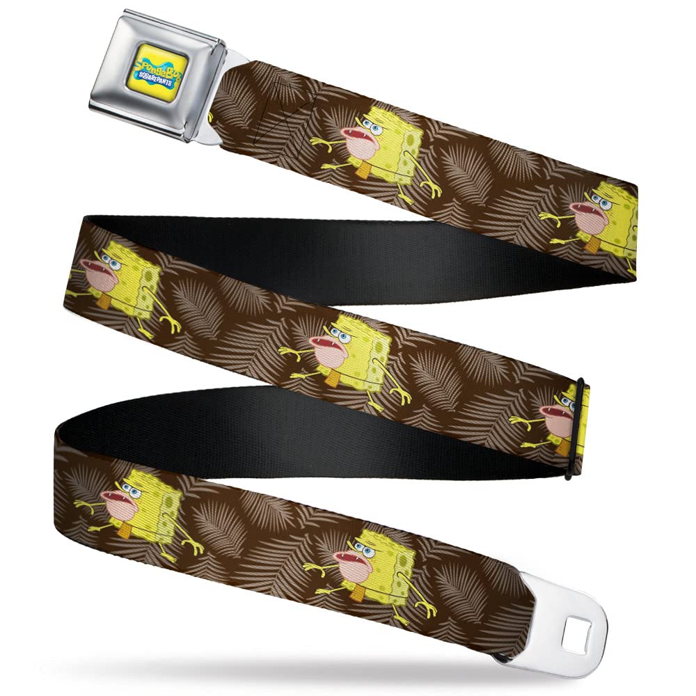 Nickelodeon Belt, Seatbelt Buckle Belt, Primitive SpongeBob SquarePants Pose and Leaves Black Gray, Youth 20 to 36 Inches